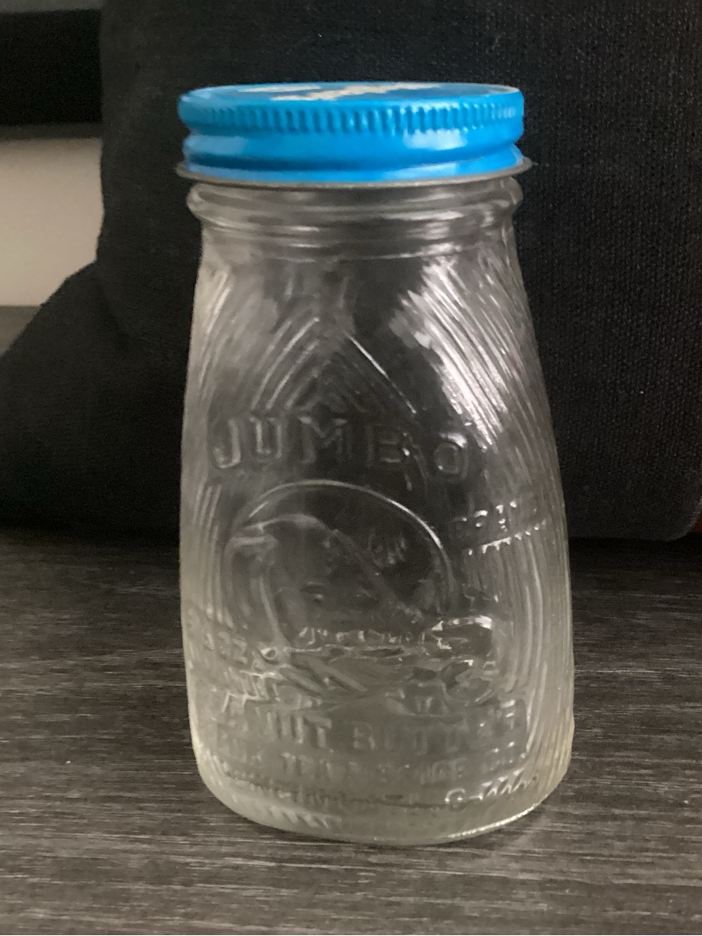 Vtg. JUMBO Peanut butter jar 4.5 by 2.5 glass, pre-owned.